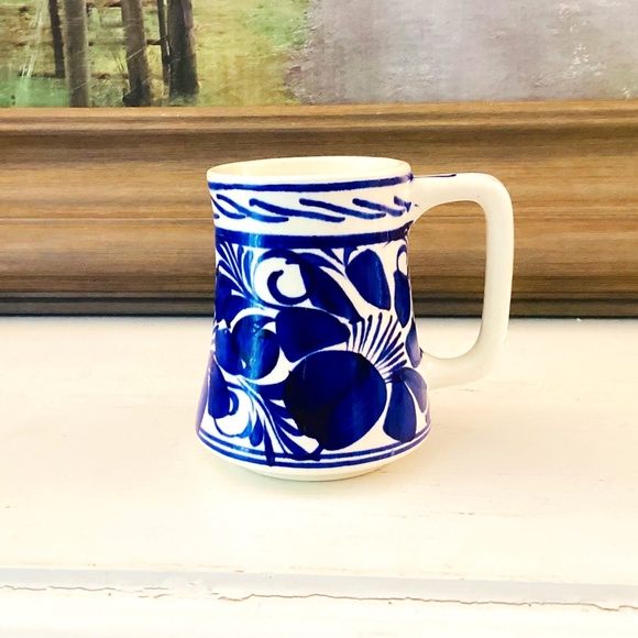 Mexican Pottery Mug Blue White Hand Painted Folk Art Studio Pottery 4.5” 12 Oz - Picture 1 of 12
